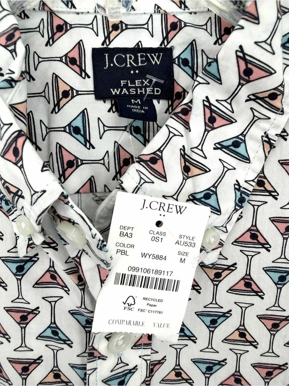 J. Crew White Short-Sleeve Button-Up with Red & Black Martini Print
